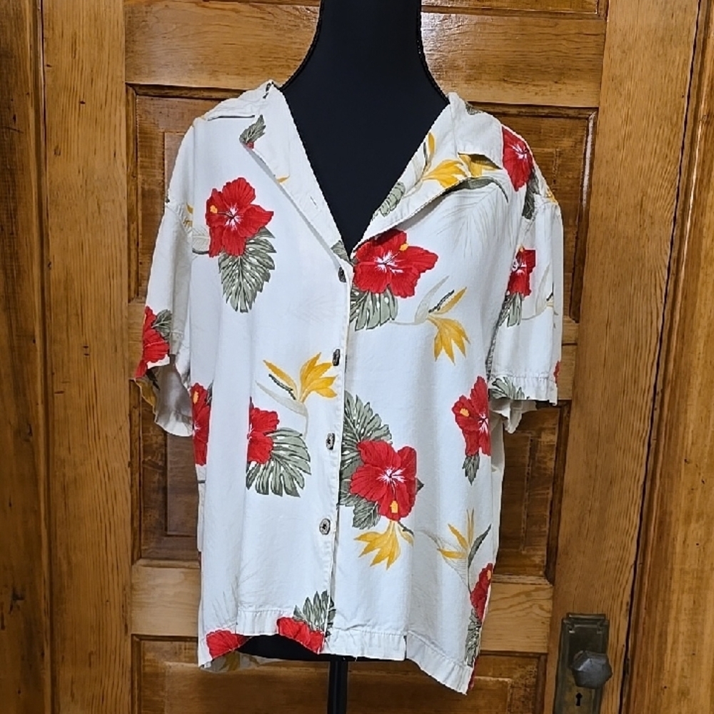 Vintage Jamaica Bay Red and Yellow Floral Tropical Beachy Shirt L